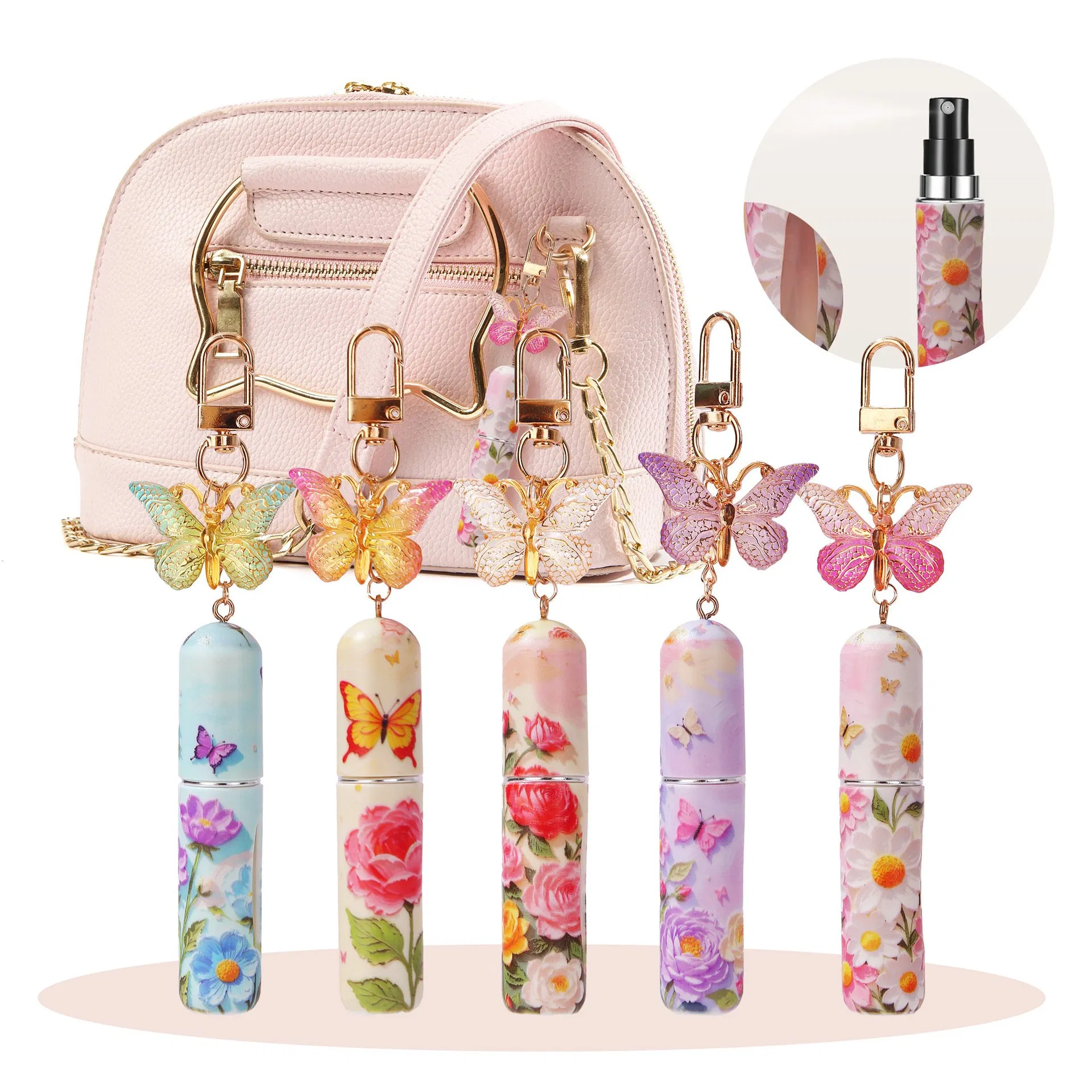 5ml Mini Tester Travel Pocket Refillable Twist up Dispenser Spray Fragrance Perfume Atomizer Bottle with Butterfly Keychain