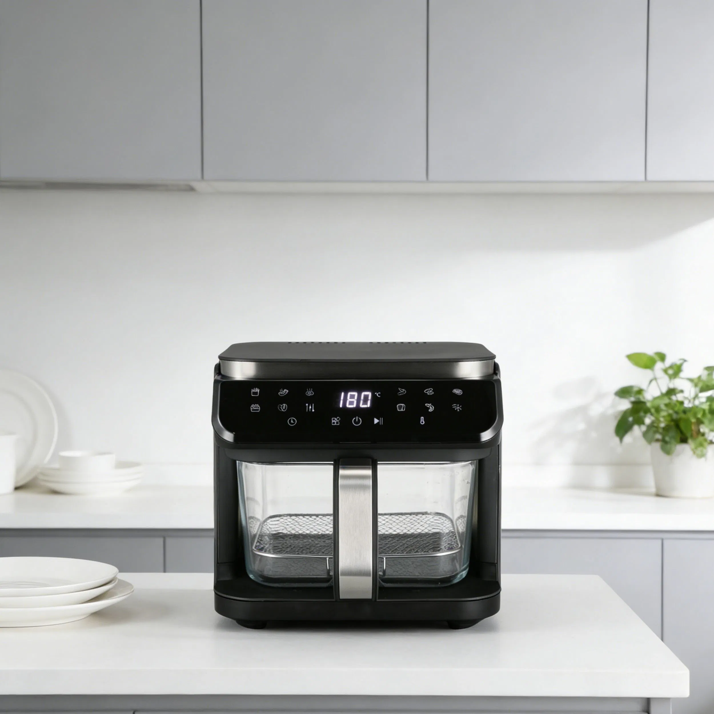 Longbank Wholesale LED Display 5.5L Big Capacity Air Fryer Electric Fryer 1200-1400W Household Delicate Visual Glass Air Fryer
