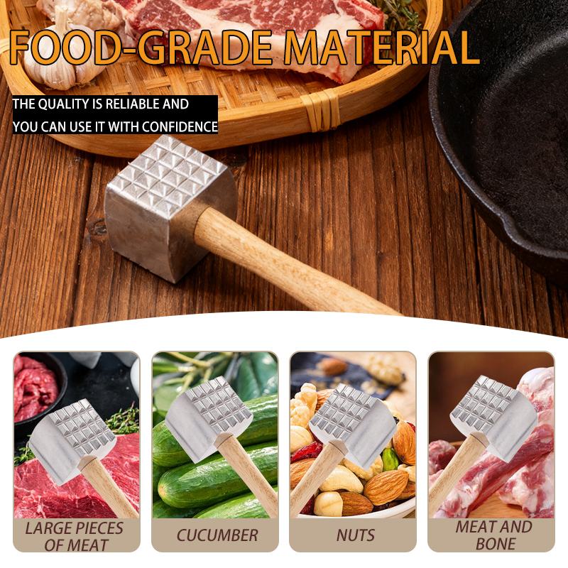 Ergonomic Aluminium Meat Hammer Kitchen Tool with Comfortable Wooden Grip