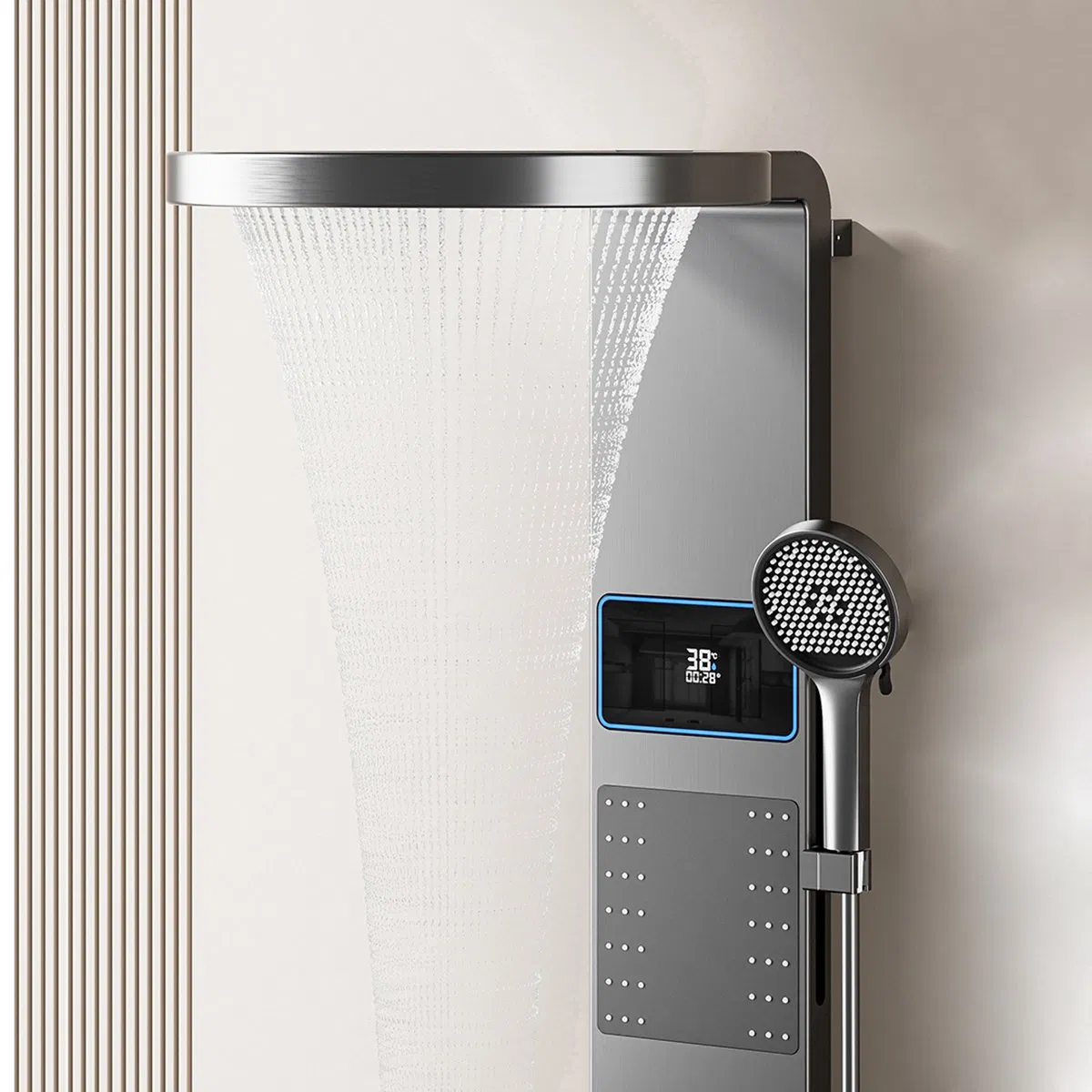 Smart Grey Shower Panel System - Aluminum Waterfall Column with Thermostatic Control & LED Mood Lighting