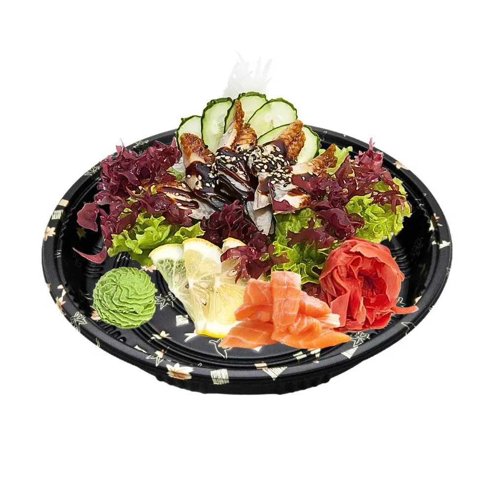 High-Quality Takeout Plastic Sushi Fruit Food Packaging Round Disposable Desserts Food Container Reusable Sushi Roll Party Tray with Clear Lid