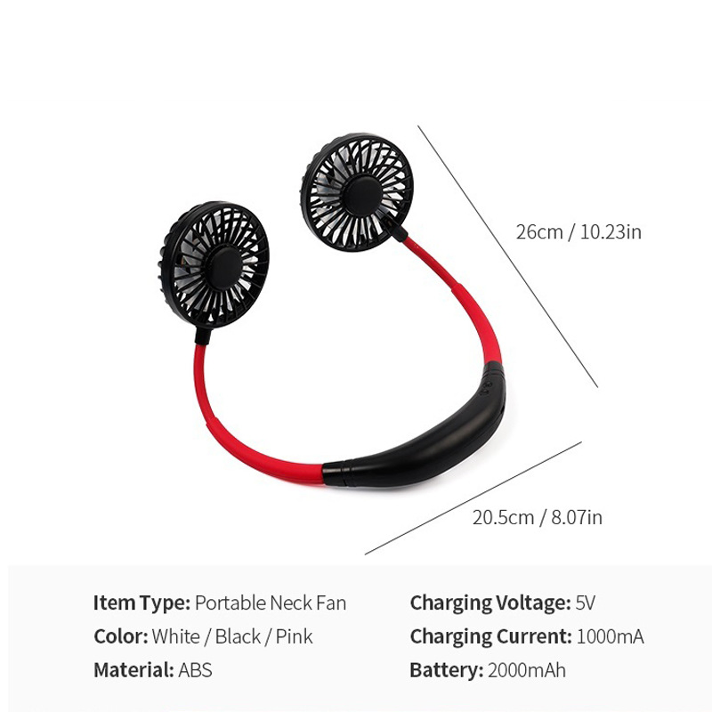 Ds-7009 Portable Mini Neck Fan - Small Personal Cooling Device with Flexible Design - LED Light Double Wind Head - USB Rechargeable Battery - Portable Neck Fan