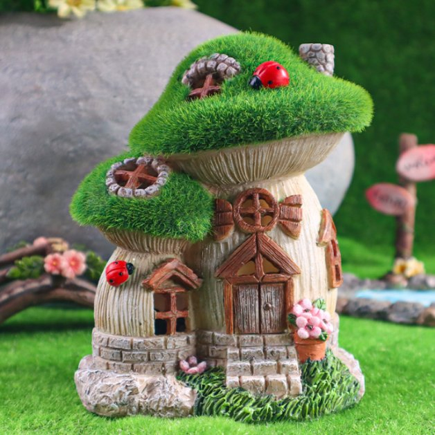 Garden Decor Green Flocked Mushroom Statues