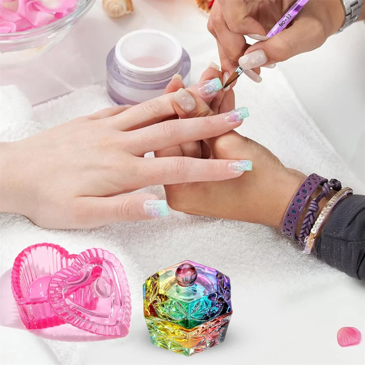 Clorful Glass Nail Wash Pen Cup Liquid Powder Crystal Lid Cup Nail Tool Bowl Glassware Container Dappen Dish Nails