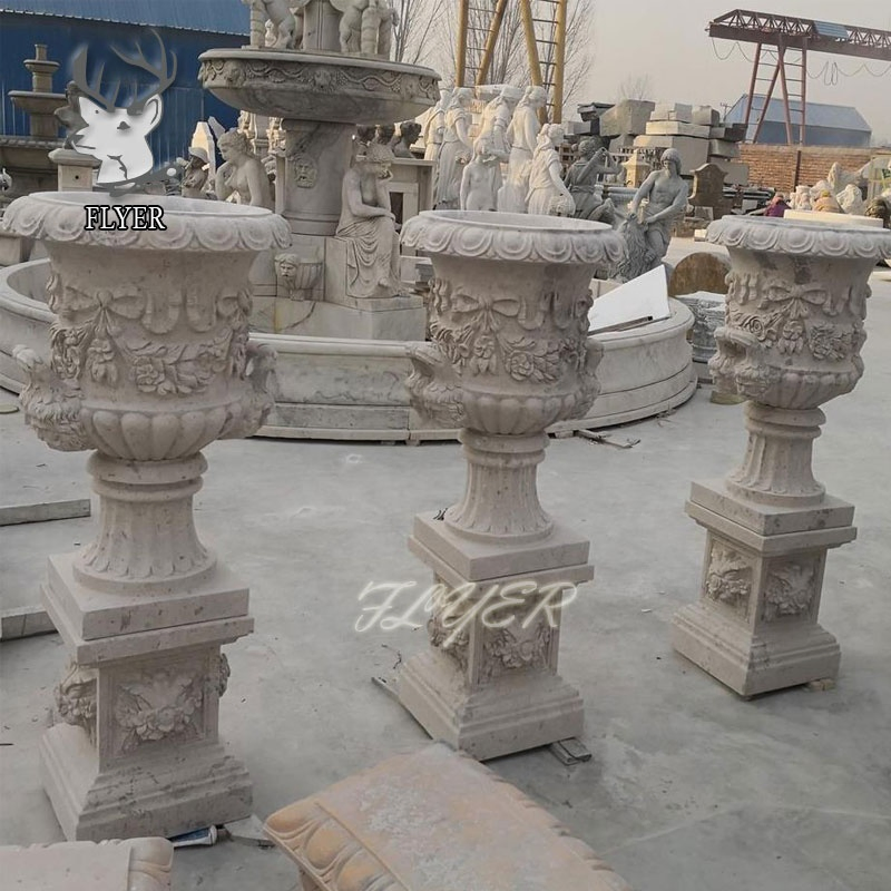 Wholesale Garden Decoration Handcarved Natural Stone Relief Flower Urns Planters Pots Large White Marble Flowerpot