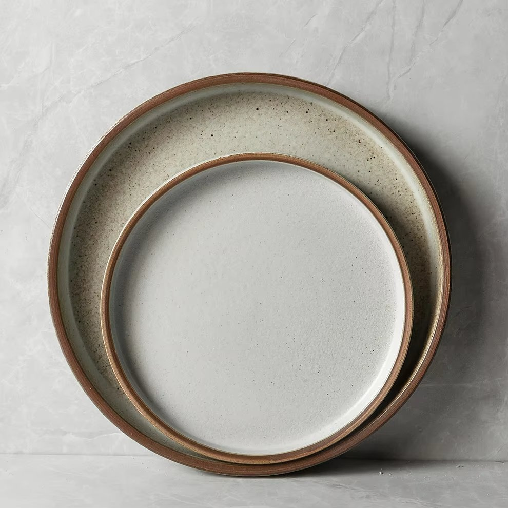 Nature Cream Glaze Ceramic Plato Raised Rim Flat Chef Dish Sets Serving Platter Fine Dining Restaurant Porcelain Dinner Plate