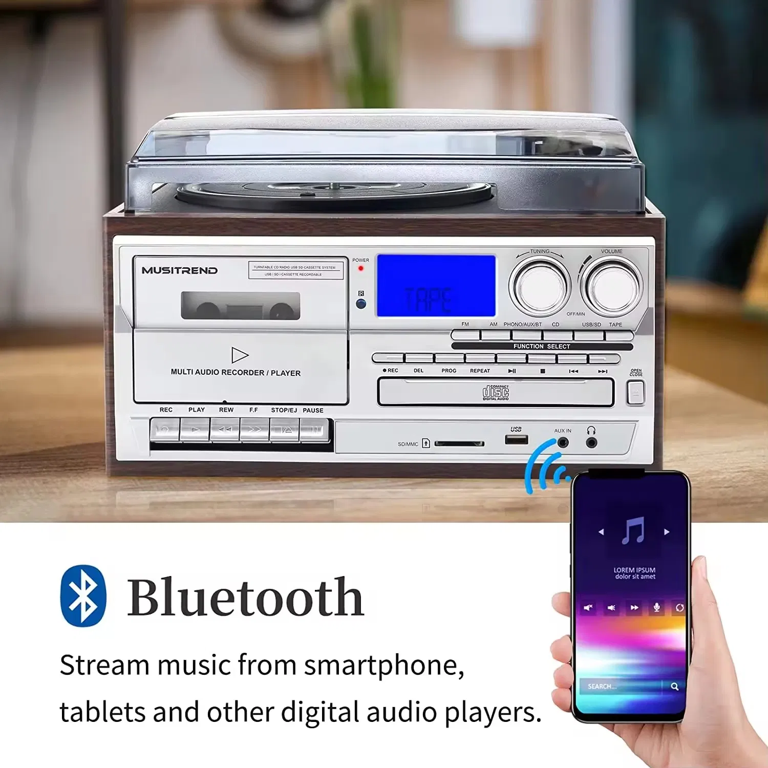 Portable Belt Driven Vintage Bluetooth Vinyl Turntable Stereo Record Players Gramophone Phonograph with FM Radio Function