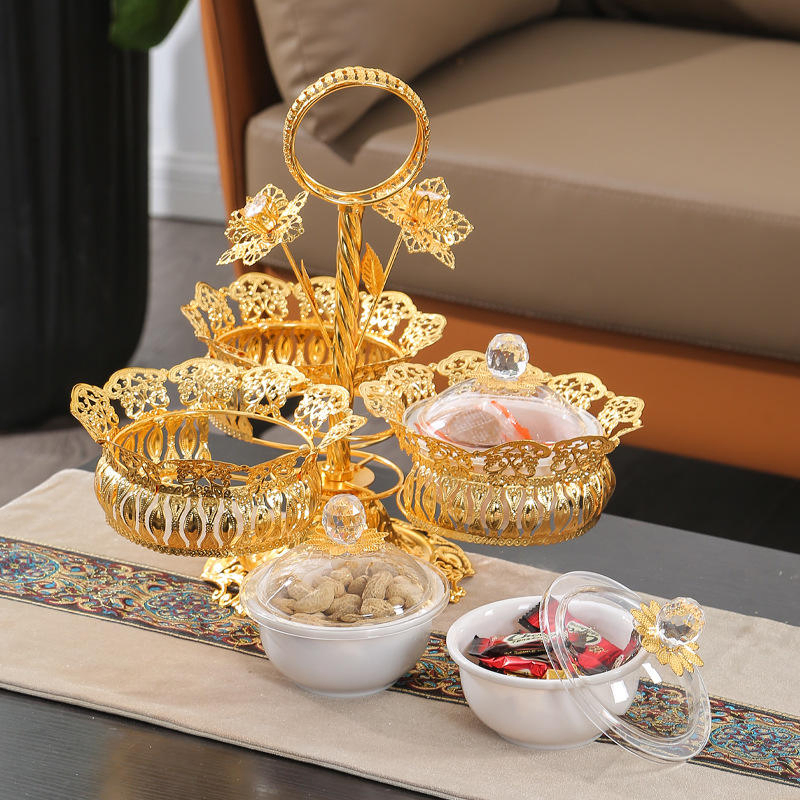 Gold Metal Plate, Dried Fruit Plate, Compartment with Lid, Dried Chinese Bowl