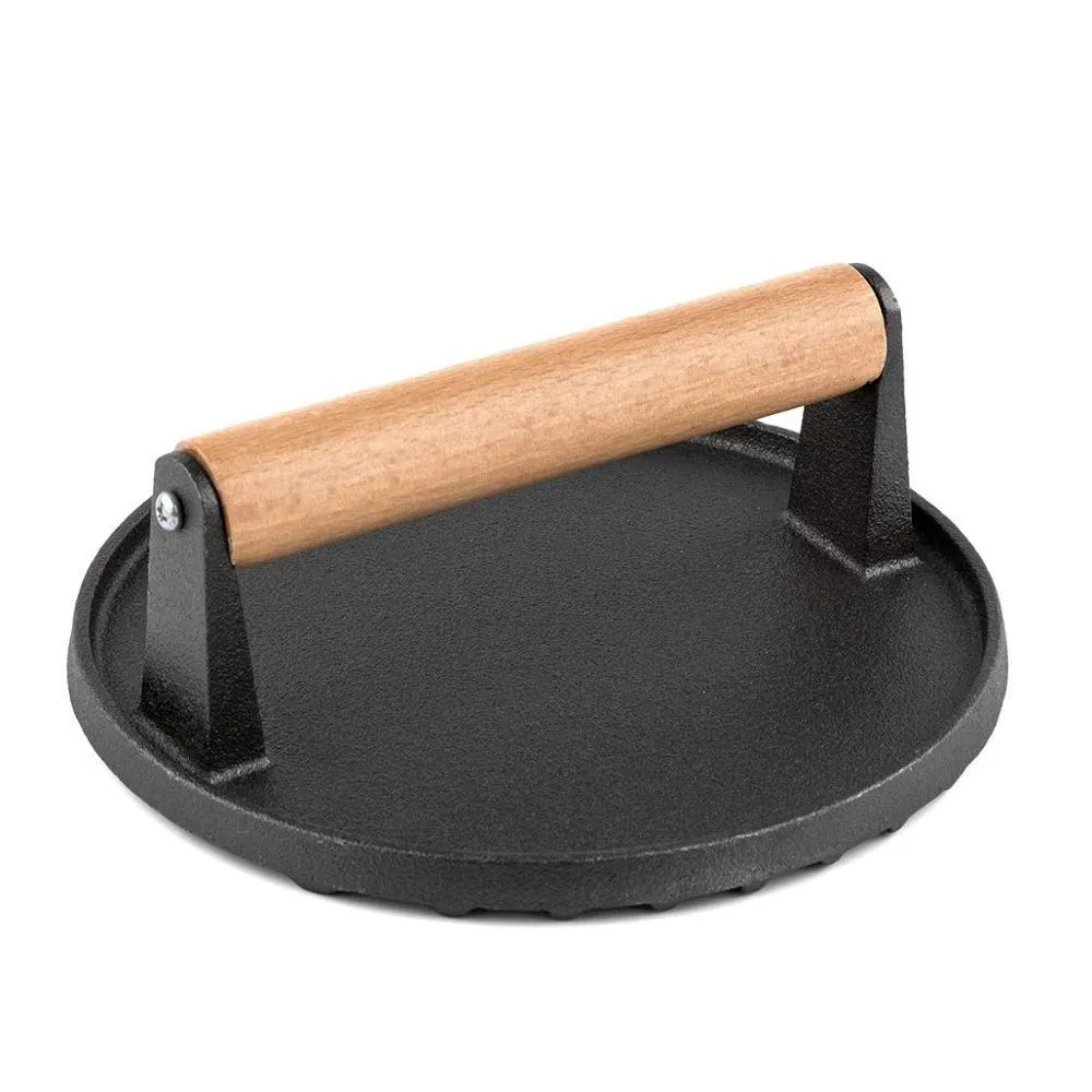 Custom Cast Iron Meat Press Stuffed Steak Burger Press Bacon Presser Cast Bamboo Wood Iron Grill Press