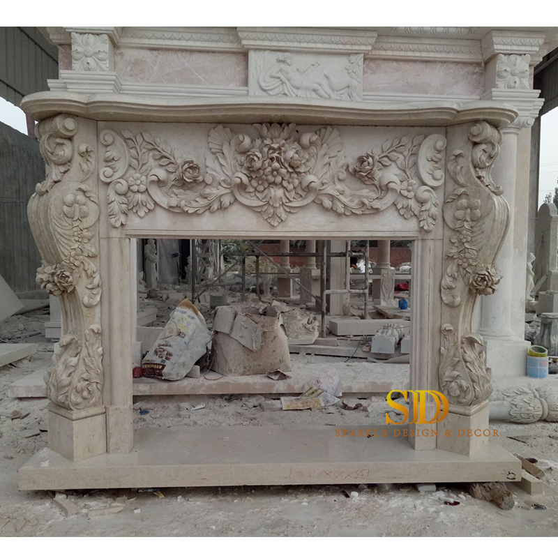 Egyptian Beige Marble Fireplace Mantel with Lady Staues