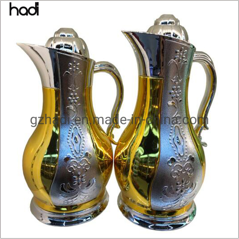 2023 New Arrival Golden Supplier Brass Sets Black Gold Modern Saudi Arabian Thermos Coffee Flask Vacuum Pot Jug Metal Body Glass Insert Arabic Coffee Pot Dallah