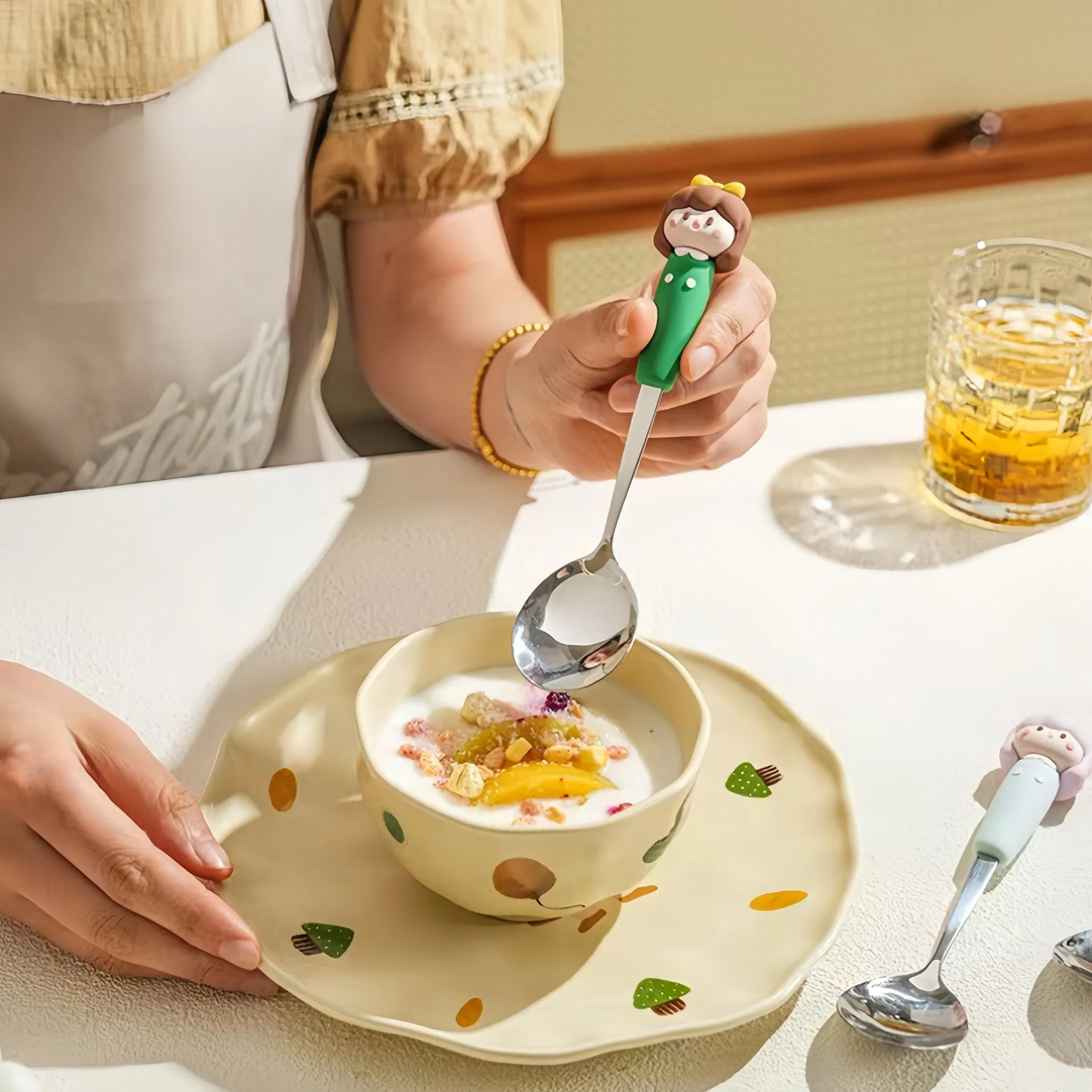 Children's Cartoon Home Dinner Spoon Long Handle Stainless Steel Spoon Fork Set