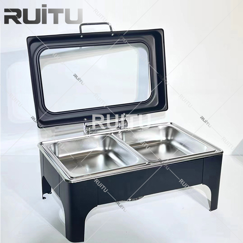 Commercial Catering Luxury Electric Fuel Chaffing Dishes 9L Oblong Cheffing Dish Stainless Steel Buffet Catering Food Warmer Big Glass Top Black Chafing Dish