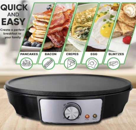 12" Griddle & Crepe Maker, Non-Stick Electric Crepe Pan W Batter Spreader & Recipe Guide- Dual Use Hot Plate for Blintzes, Eggs, Pancakes- Portable