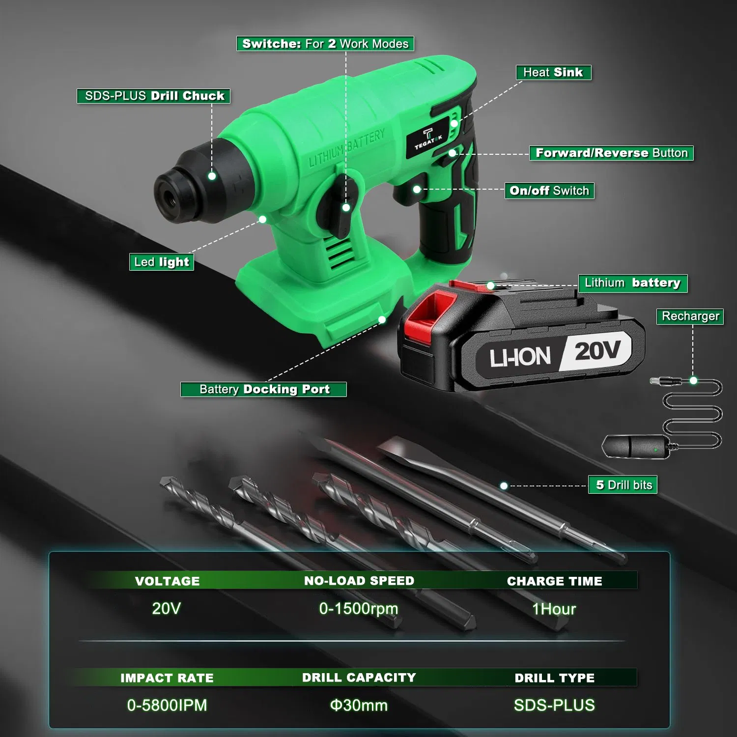 20V Cordless Impact Hammer Drill, Electric Rotary Hammer Support OEM/ODM