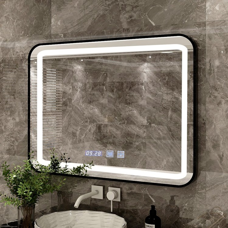 Wholesale Rectangle Black Border Mirror Anti Fog Bathroom with Gold Frame Wall Hung Make up LED Mirrors