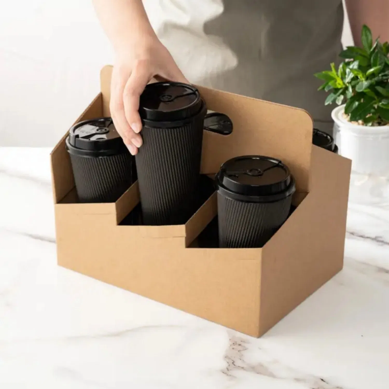 Eco-Friendly Take out Biodegradable Foldable Kraft Corrugated Cardboard Paper Drinks Cup Carrier Holder