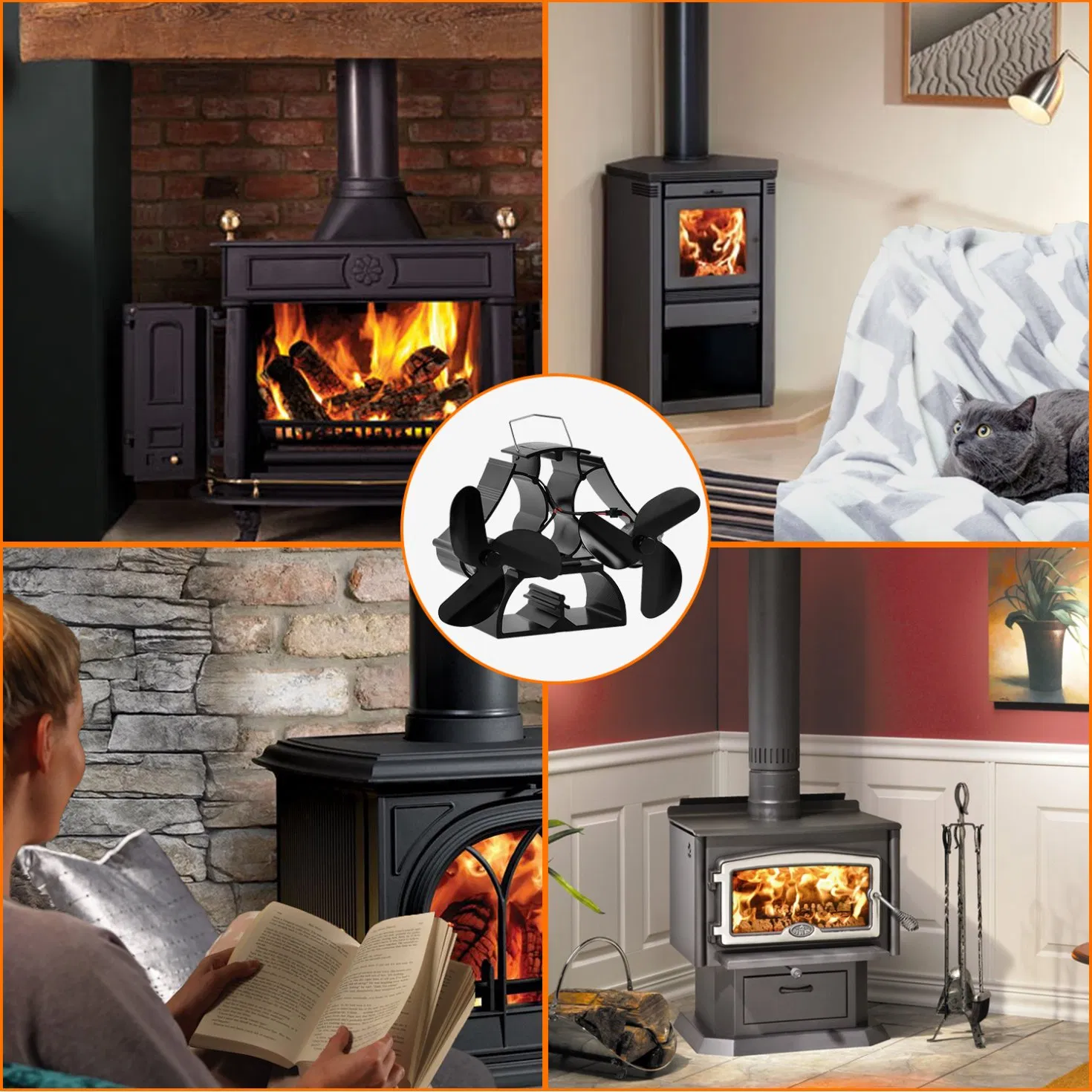 Dual Motor Thermal Heat Activated 8 Blade Double Log Burner Fireplace Stove Fan