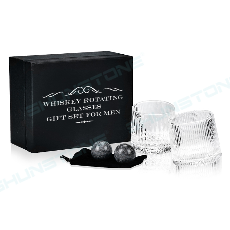 Shunstone Creative Natural Granite Chilling Whiskey Stone Ball and Rotating Whisky Glass Set Gift Box for Men