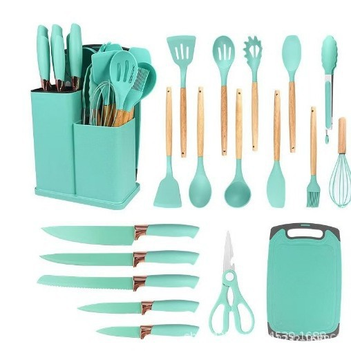 19 PCS Kitchen Utensil Set Silicone Kitchenware Set Cuttings Board Storage with Wooden Handle Bucket Knife Kitchen Tool Heat Resistant Silicone Utensils