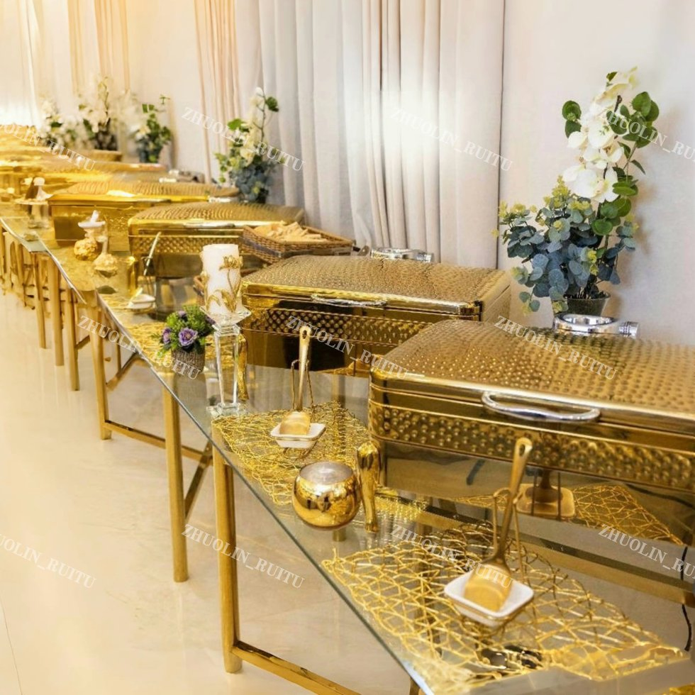Restaurant Equipment Rose Gold Chaffer Dishes Luxury Glass Lid Induction 9L Cheffing Dishes Food Catering Stainless Steel Food Warmer Buffet Chafing Dish