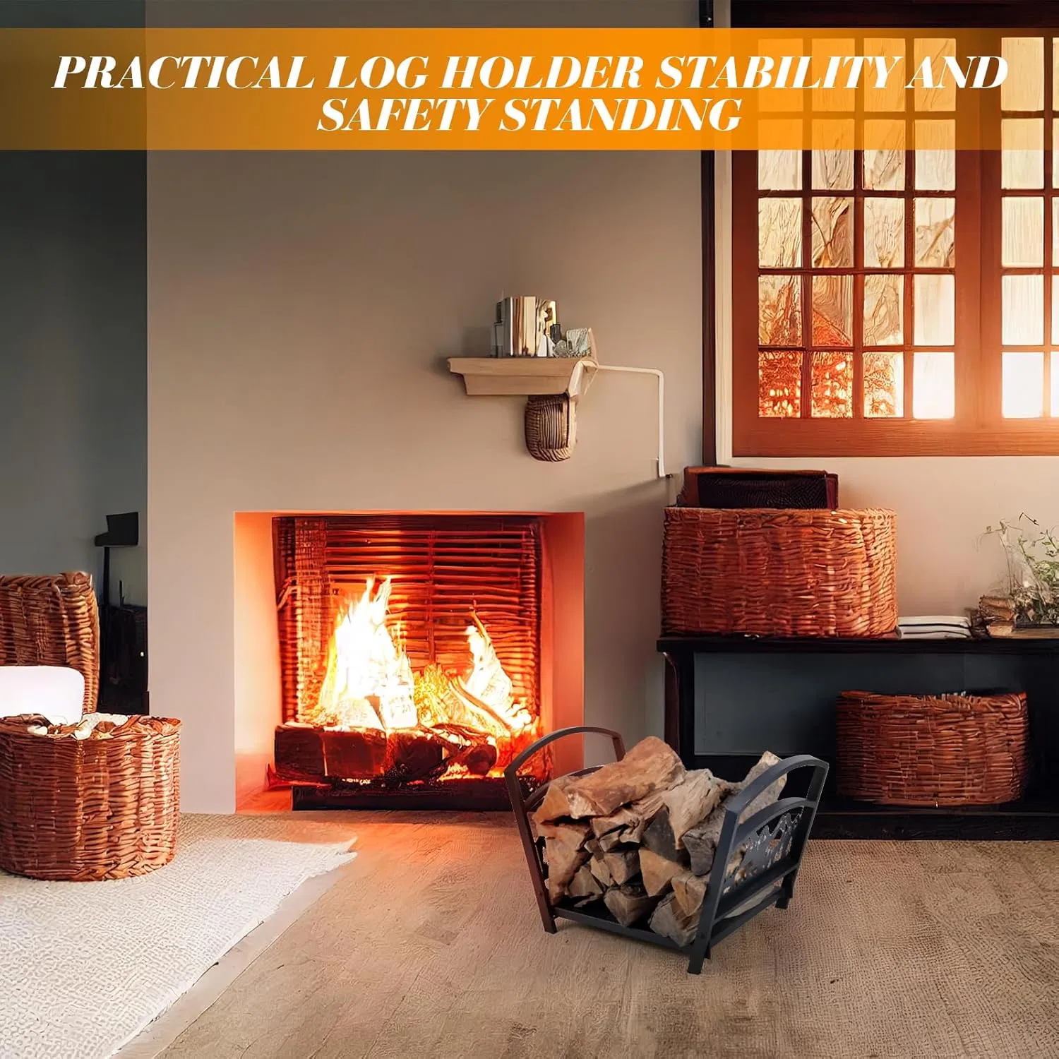 Indoor Cabin Folding Bear Heavy Duty Firewood Rack with Canvas Log Carrier