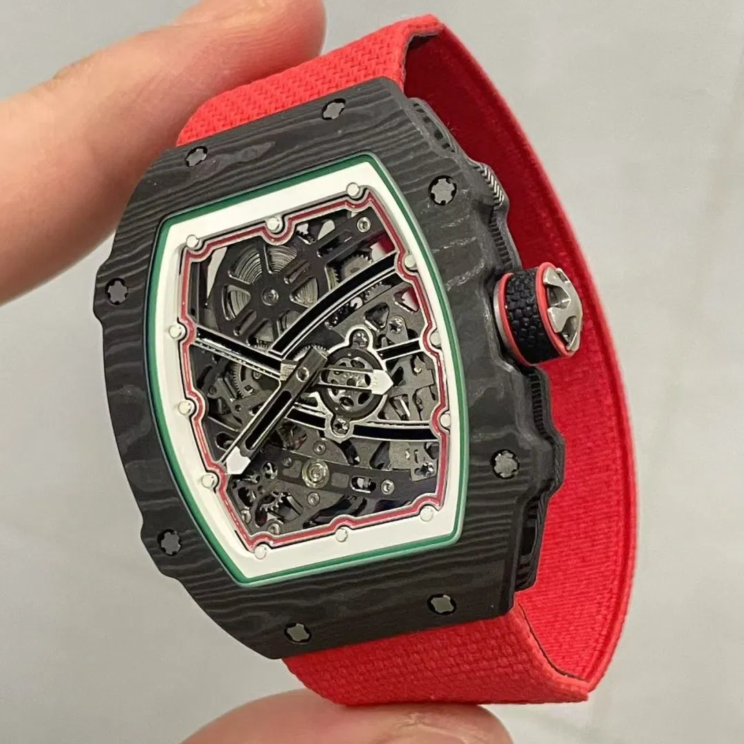 Top-Tier Replica Tonneau-Shaped Wristwatch with a Fully Skeletonized Design and Colored Bezel; a High-End Mechanical Men's Watch.