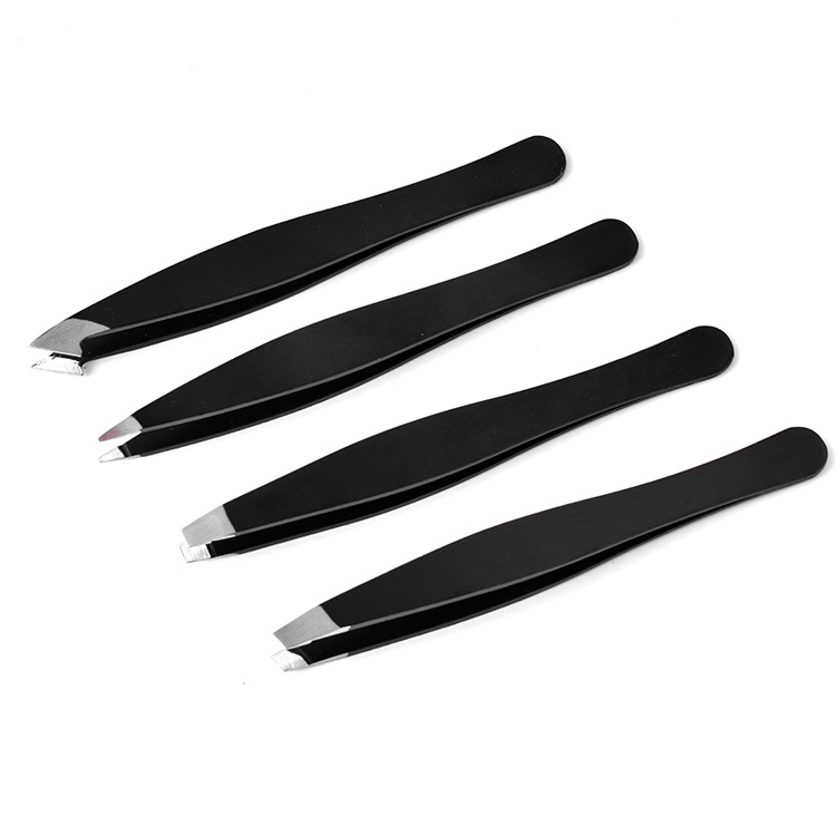 Custom Private Label Eyebrow Tweezers Stainless Steel Lash Tweezers Black Grip Eye Brow False Eyelash Tweezers Set