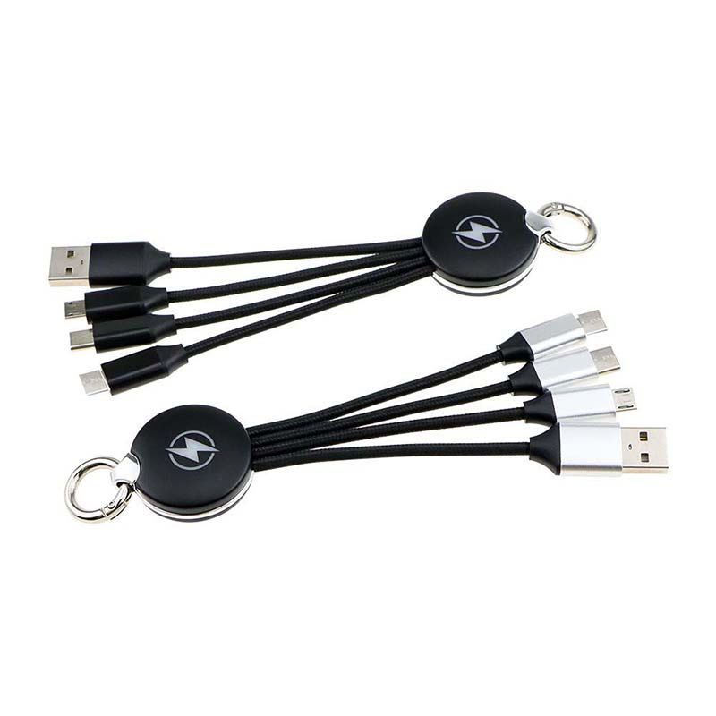 High Speed 3 in 1 USB Charging Cable Nylon Braid 3 in 1 LED Glow Flowing Charger Cable Key Chain 3 in 1 Data Cable with LED Logo
