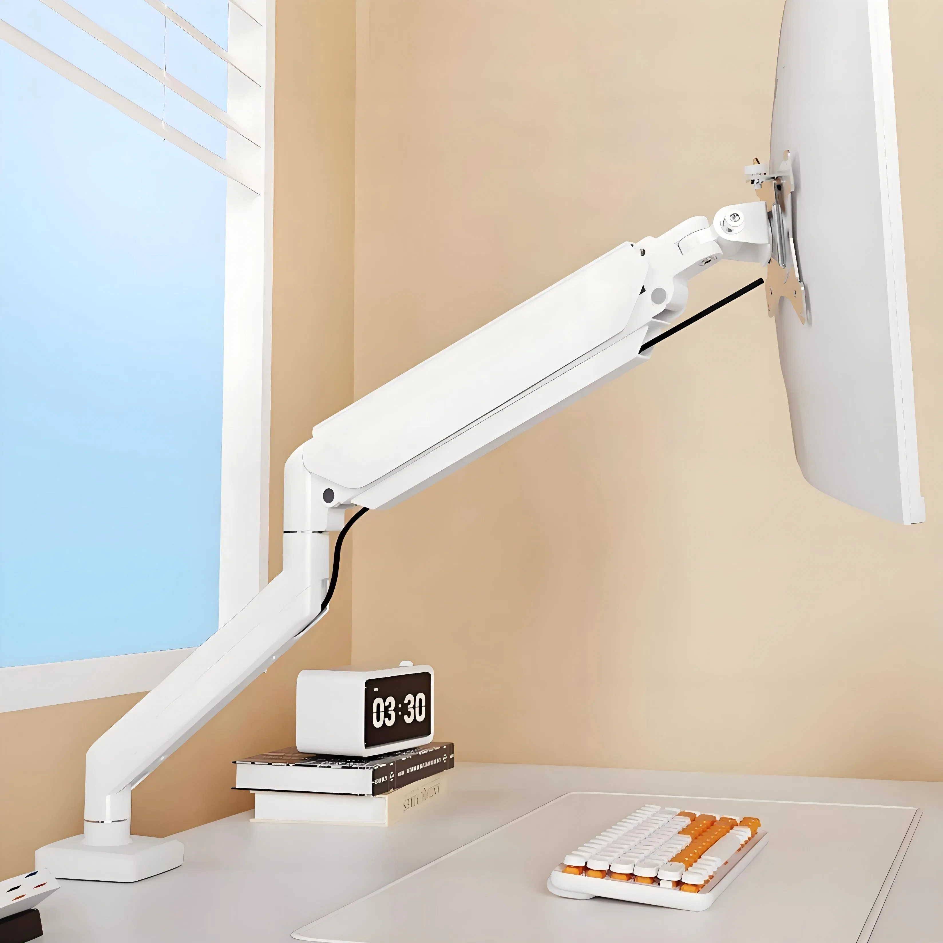 Factory OEM ODM Increase Height Desktop Stand LCD Dual Arm Monitor Stand Mount Max Vesa100*100 Max 9kgs Office Computer Screen Bracket White