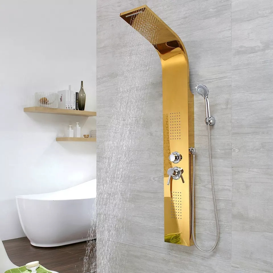 Wholesales Polished Finishing Shower Column Waterproof SUS 304 Stainless Steel Shower Panel in Golden Mirror Color