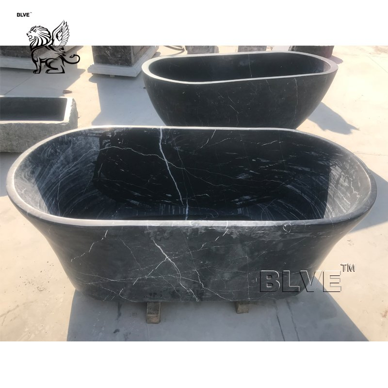 Blve Large Modern Nero Marquina Solid Natural Stone Bathroom Tub Freestanding Black Marble Elegant Bathtub