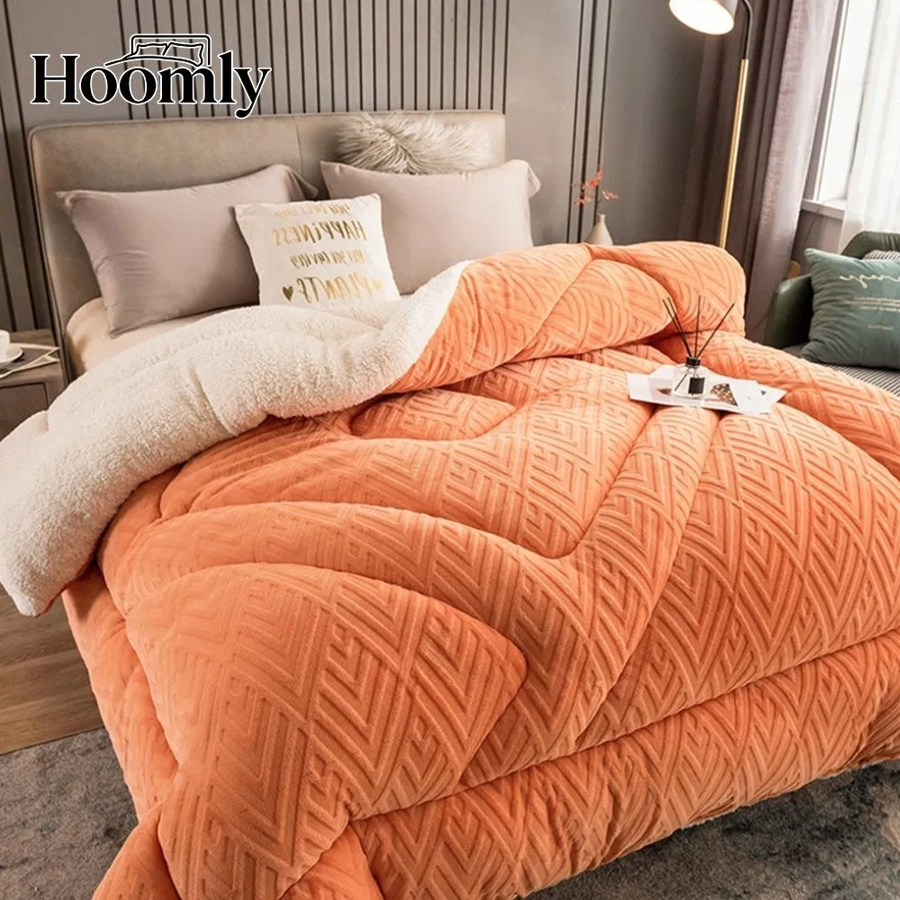 Hoomly 3D Embossed Carved Velvet Comforter Set Luxury Coral Orange Plush Bedding Set