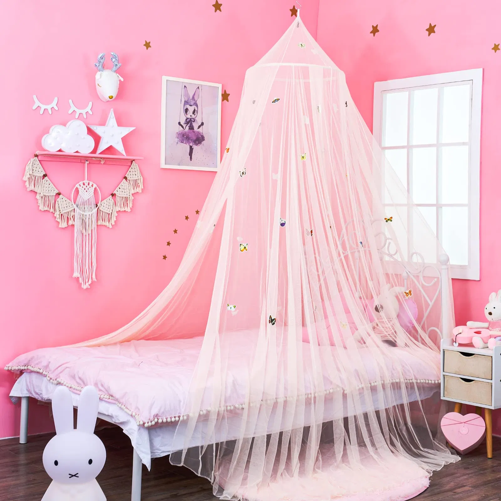 Glowing Butterfly Bed Canopy Girls Beige Princess Bed Curtains Mosquito Net