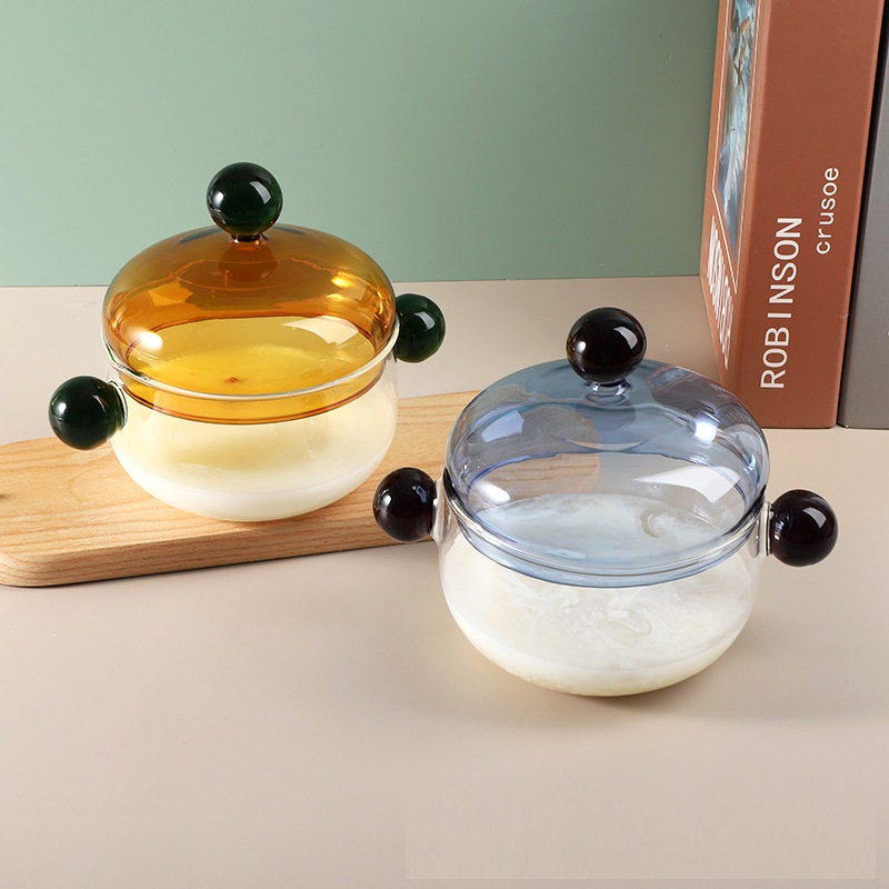 Custom Glass Bowl with Colorful Glass Lid for Cooking Instant Noodles