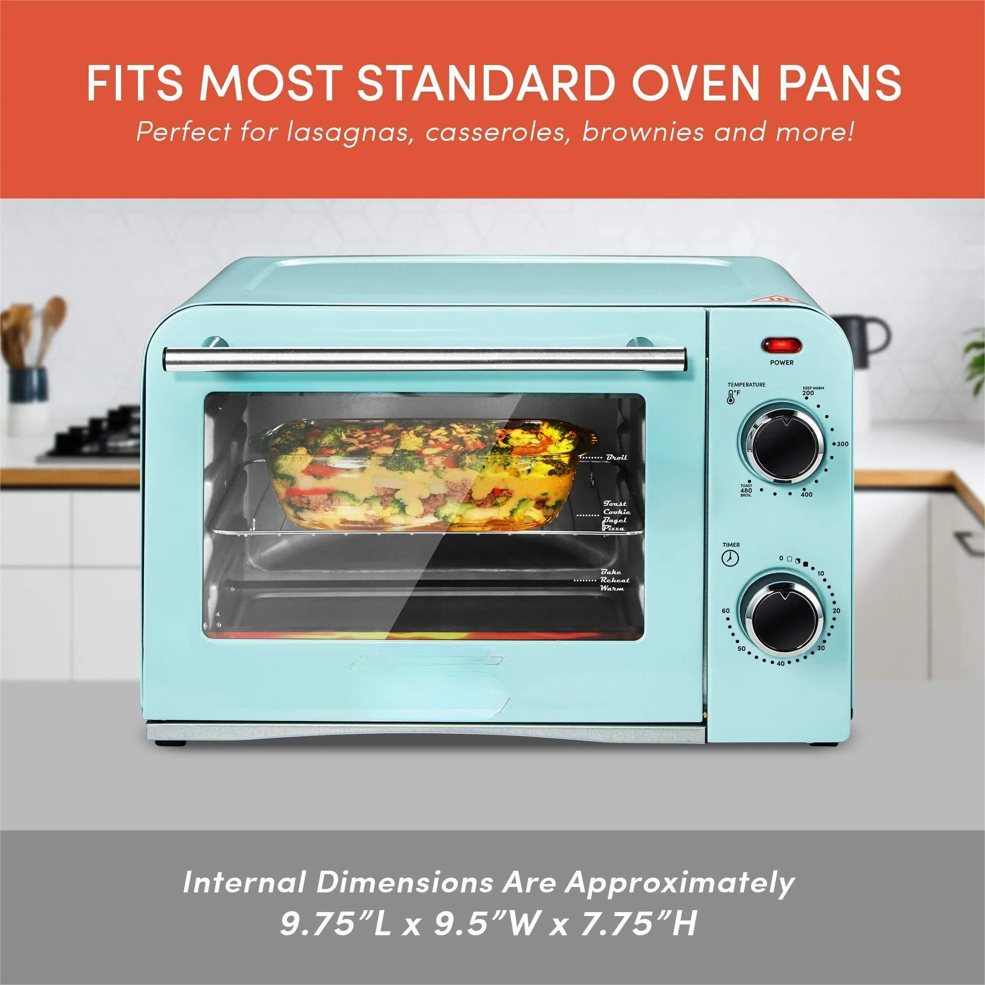 Bake Toast Pizza Temperature Control Timer 1000W Diner Retro Countertop Toaster Oven