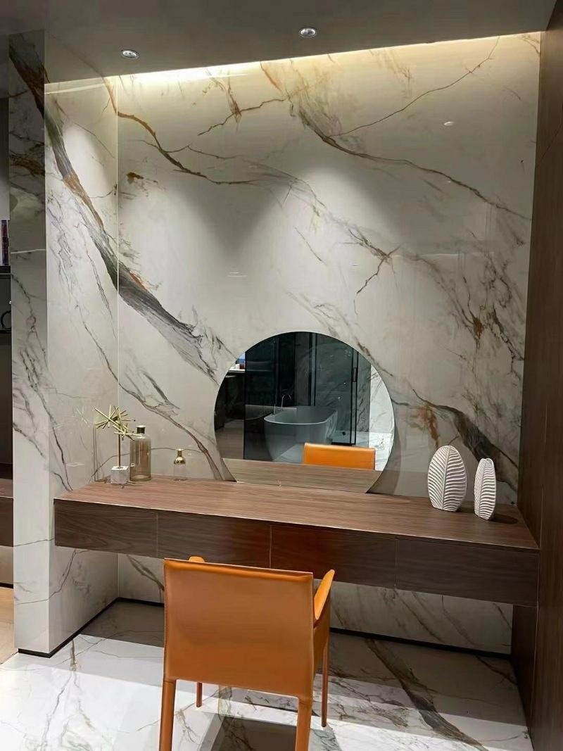 Polished Sintered Stone 1200X2700*9mm Golden Large Porcelain Marble Look Slabs for Counter Top