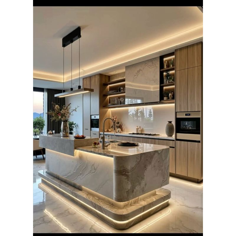 Marble Island Distinguished Creative Approach Extra Modern Newly Design Tailor-Made Trend-Setting Lacquered Kitchen Cabinet