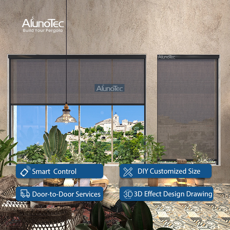 AlunoTec Basic Customization Exterior Window Cover Garden Waterproof Motorized Vertical Pergola Curtain Roller Blind Outdoor Zip Screen Blinds Shades