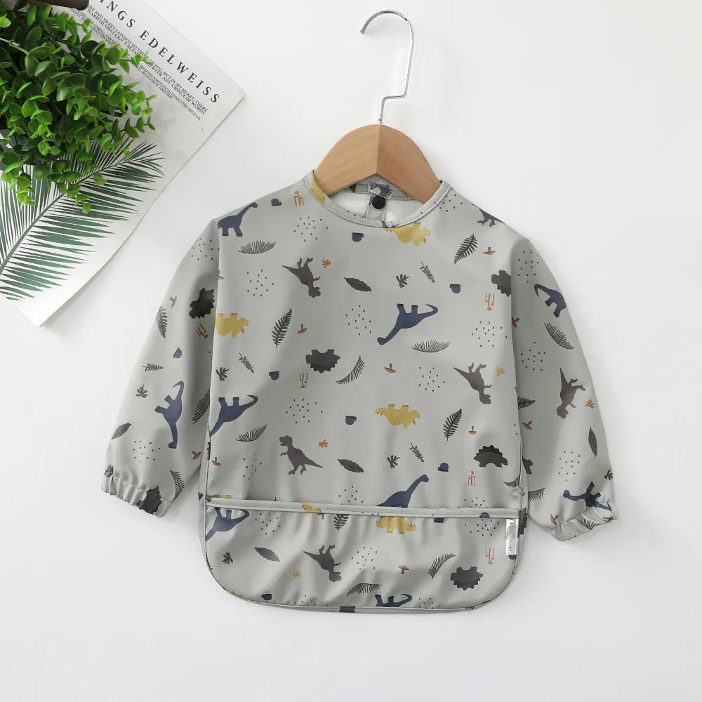 Children's Waterproof Long Sleeves Bibs Plain Baby Feeding Aprons Plastic Baby Eating Apron with Food Catcher