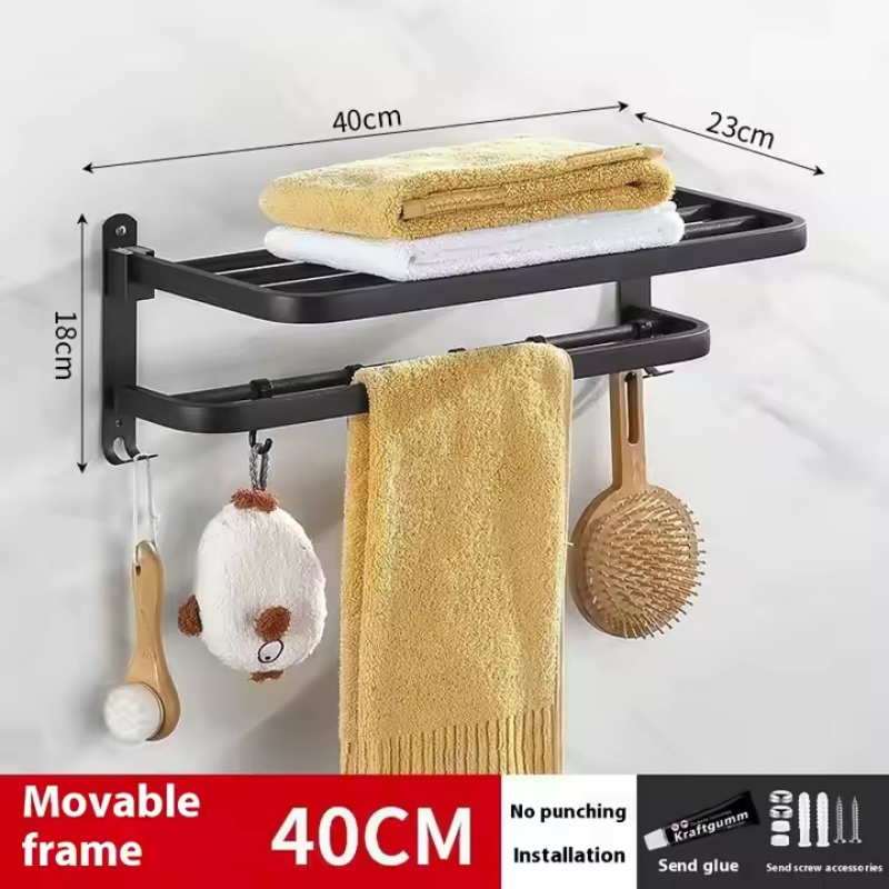 Modern Black Stainless Steel 304 Wall Hanging Bath Towel Rack Non-Perforated Single Bar Folding Design for Small Bathrooms