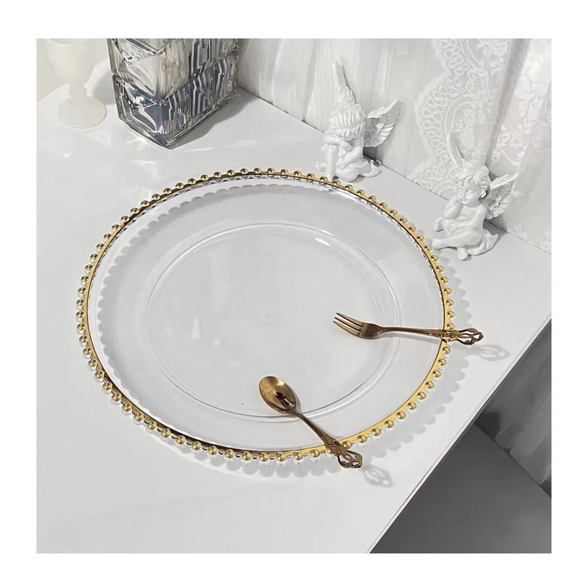 Vintage 13 Inches Transparent Gold Rim Plates Wedding Gold Beaded Charger Plates