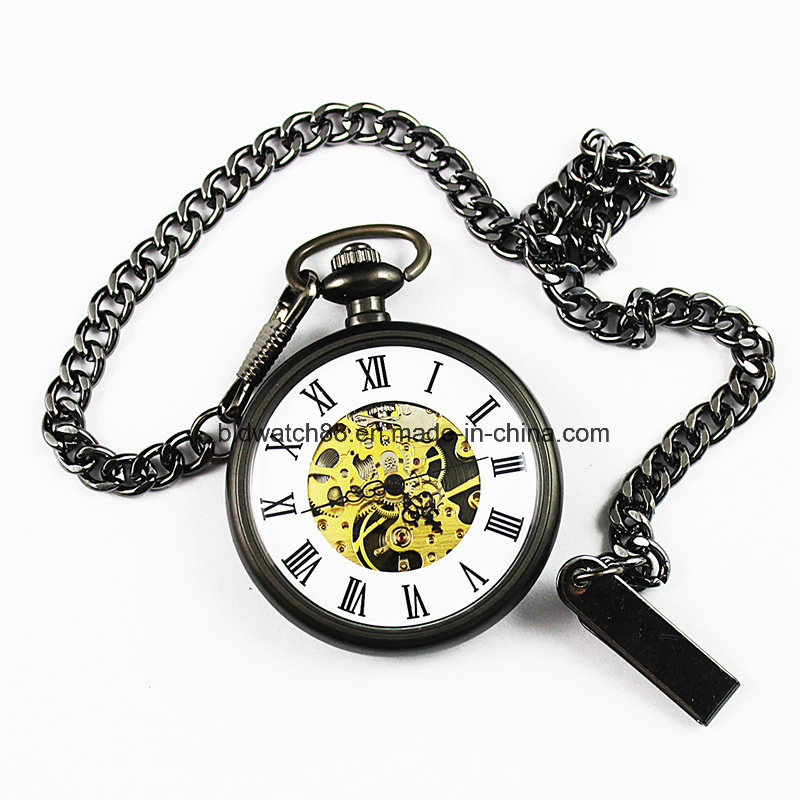 47mm Black Tone Engraved Mechanical Skeleton Pocket Watch with Custom Logo