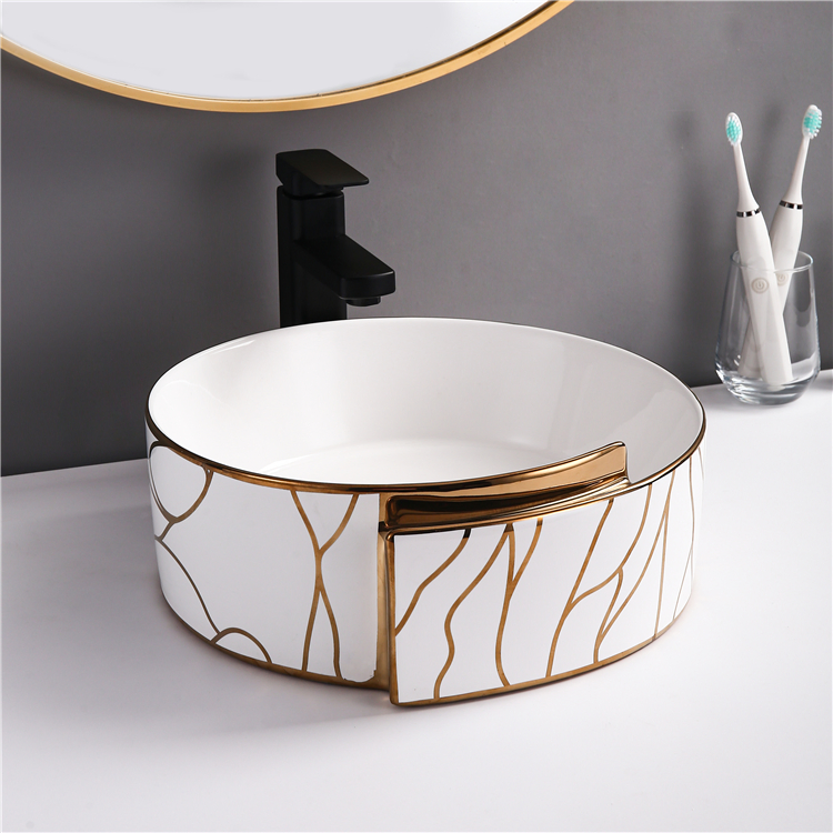 Modern Luxury Round Washbasin Hotel Wash Basin White Gold Sink Ceramic Basin