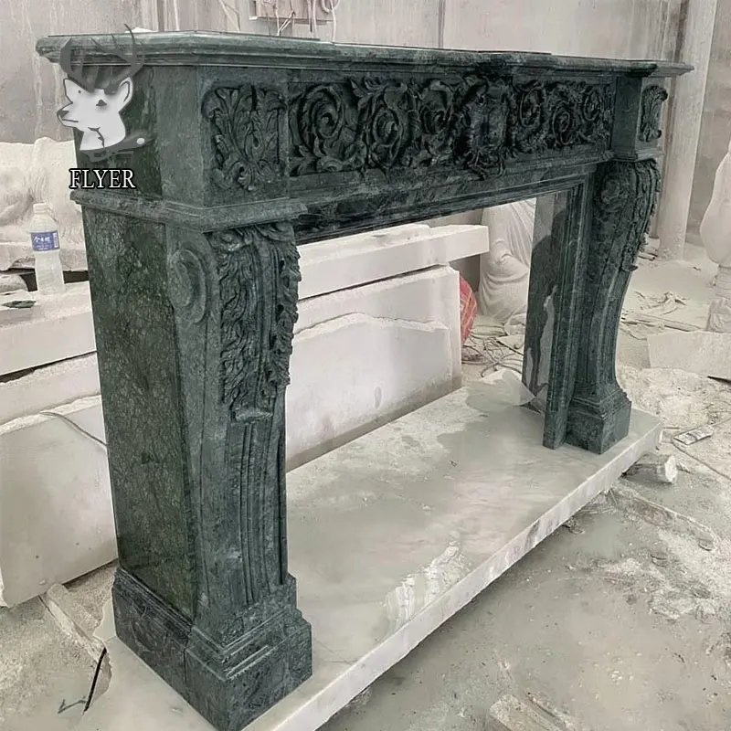 Customized Modern French Home Freestanding Stone Carving Fireplace Surround Polished Natural Green Marble Fireplace Mantel