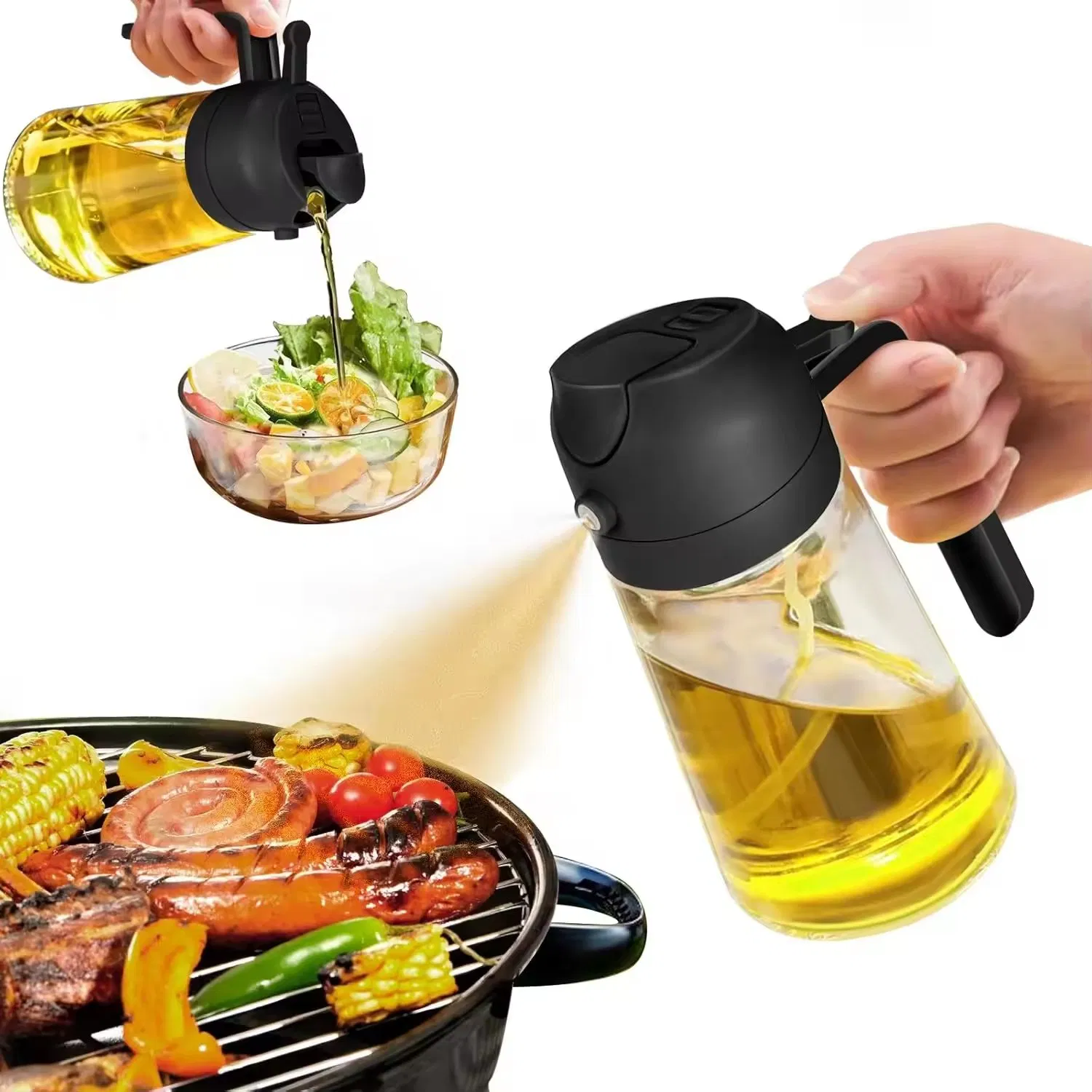 2 in 1 Premium Glass Kitchen Oil Sprayer Dispenser Bottle for Cooking and Serving Olive Oil Food Use