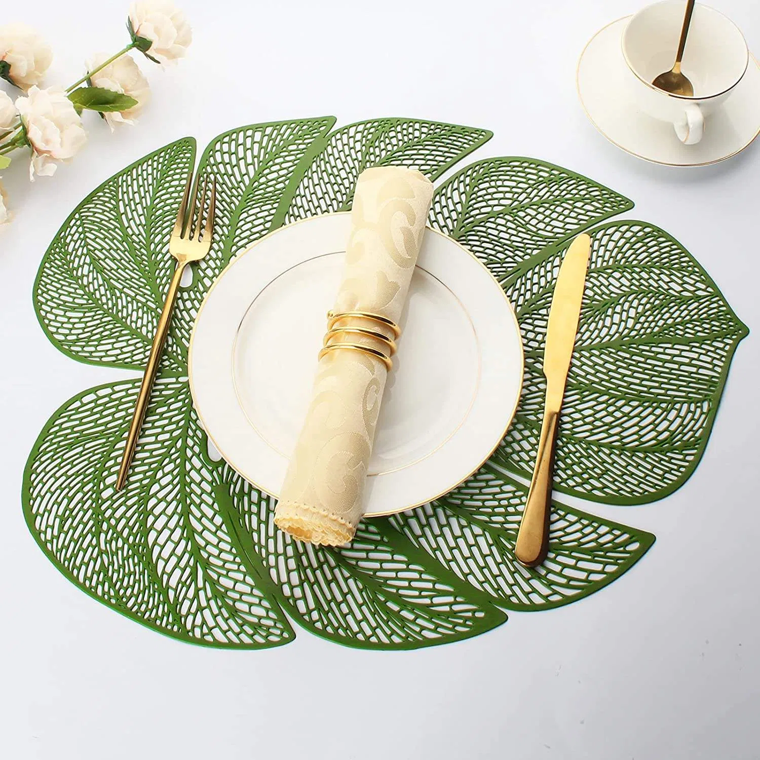 Green Leaf Shaped Vinyl Placemats for Dinner Table Set of 6 Metallic Plastic Green Place Mats