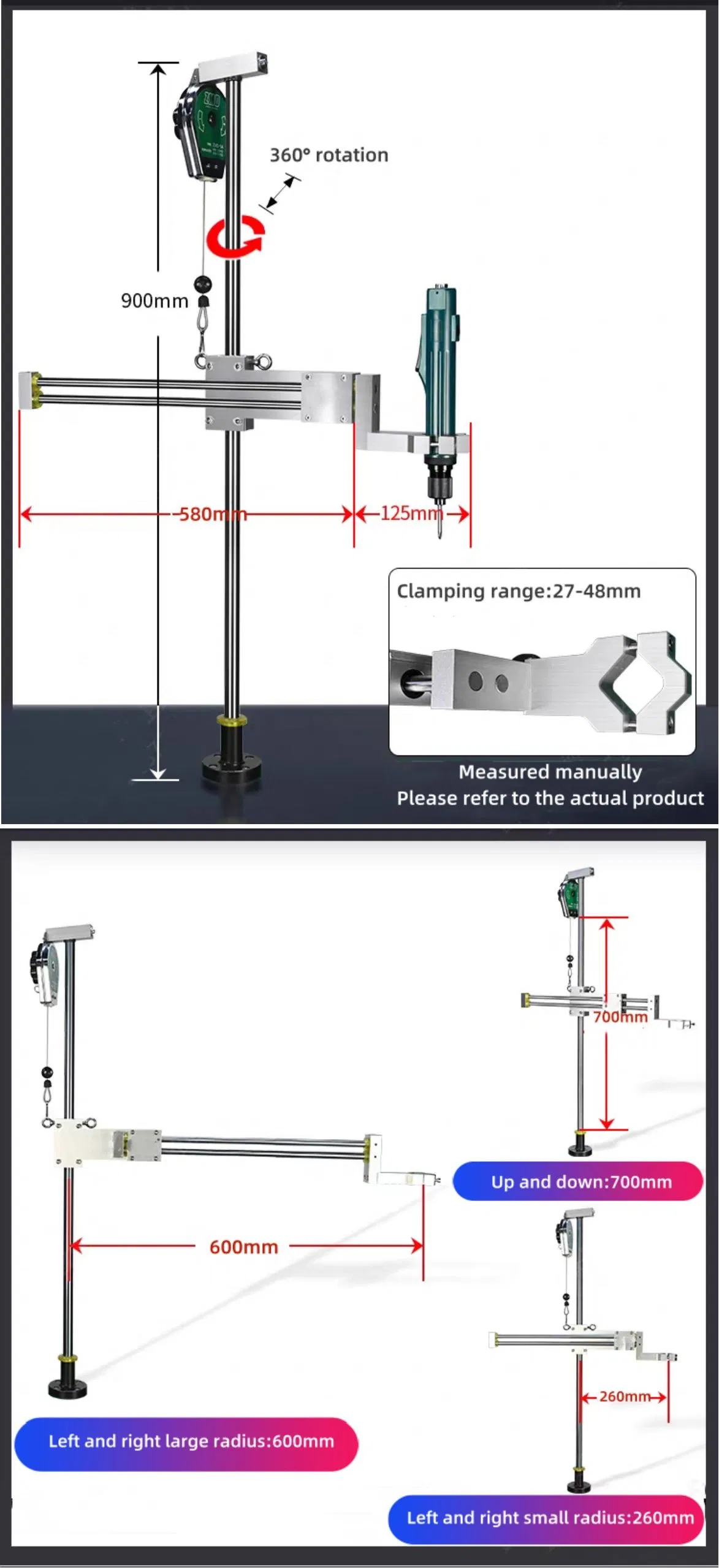 Electric & Pneumatic Screwdriver Vertical Stand with 360° Extendable & Rotatable Balanced Arm – Effort-Saving Push-Pull Screw Driver Holder