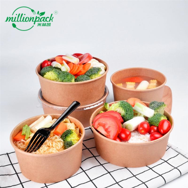 Brown Kraft Paper Salad Bowl with Lid Disposable Container for Takeaway Food