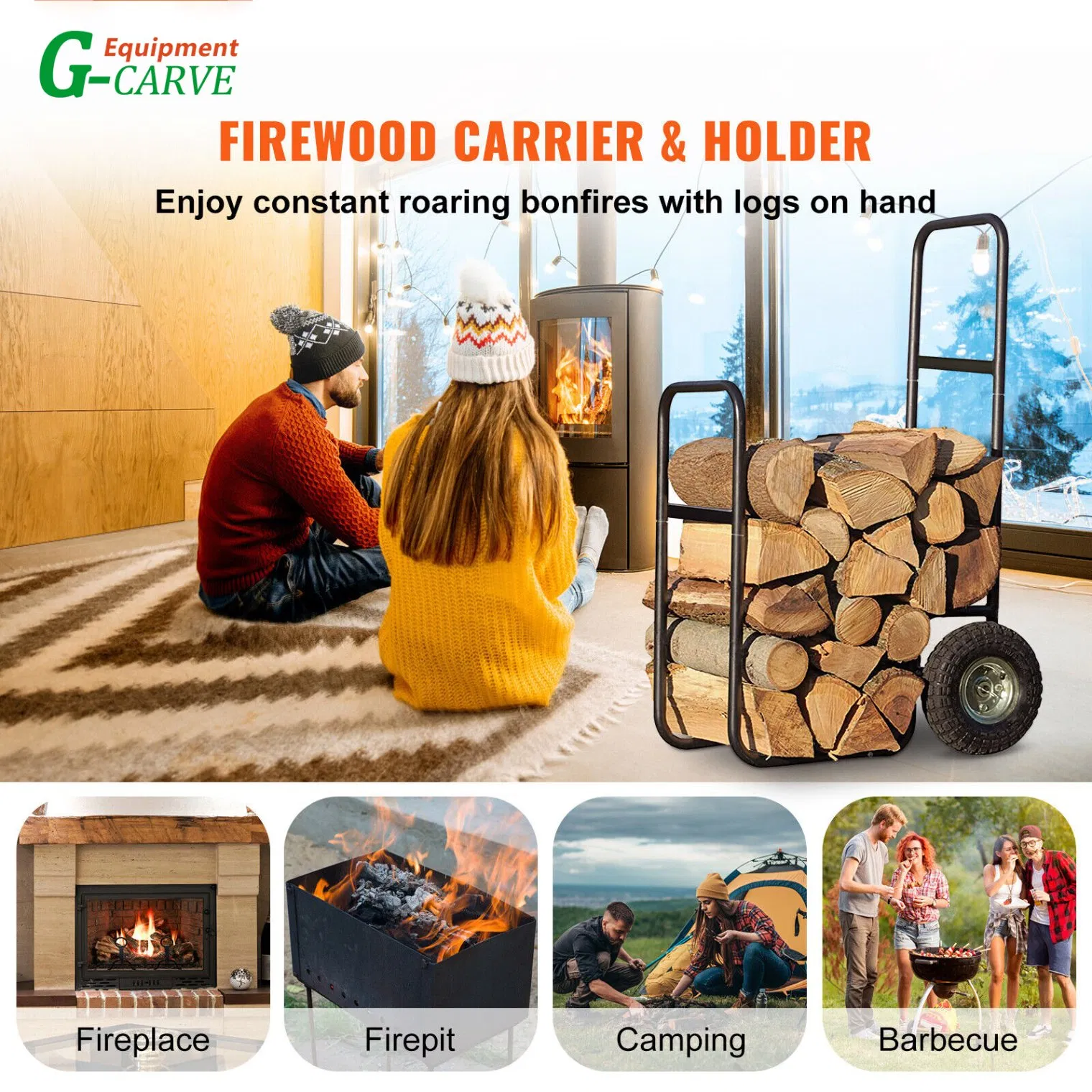 Firewood Cart with Wheels 100kg Log Carrier Mover Firewood Trolley